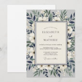 Blauw Witte Botanische Romantische Bruiloft Kaart (Voorkant / Achterkant)