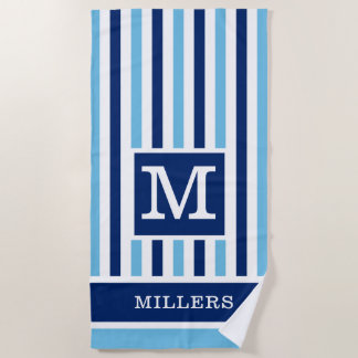 Blauw-witte Cabana Stripe familienaam Monogram Strandlaken