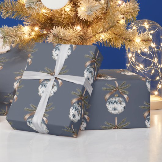 Blauw Witte Champagne Gouden Kerstversiering Cadeaupapier (Feestdagen)