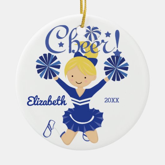 Blauw & Witte Cheer Blonde Cheerleader Ornament (Voorkant)