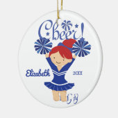Blauw & Witte Cheer Rode Haar Cheerleader Ornament (Links)