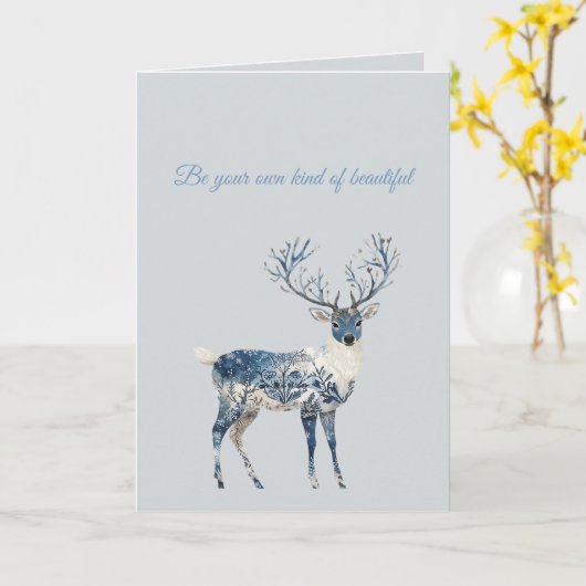 Blauw Witte Chic Herten Verjaardag Kaart (Gele Bloem)