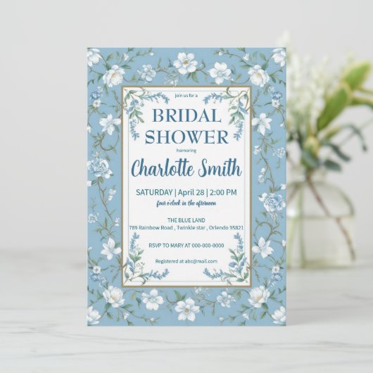 blauw-witte Chinoiserie antieke bruidsdouche Save The Date (Staand voorkant)