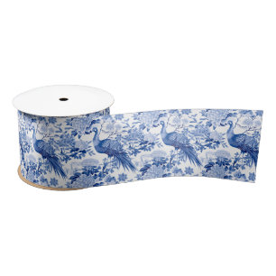 Blauw Witte Chinoiserie Bloem Peacock Vogels Satijnen Lint