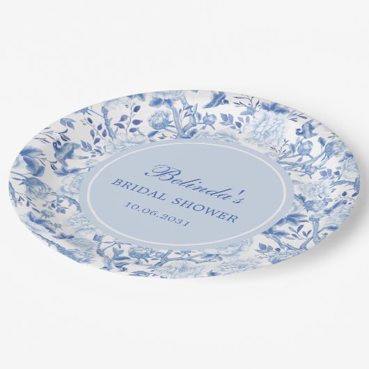 Blauw Witte Chinoiserie Bloemige Bruiloftsborrel Papieren Bordje (Gekanteld)