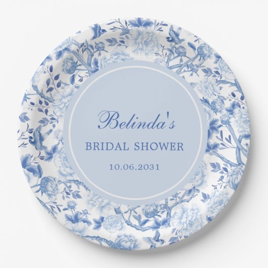 Blauw Witte Chinoiserie Bloemige Bruiloftsborrel Papieren Bordje (Voorkant)