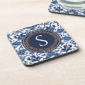 Blauw-witte Chinoiserie Bloemmonogram Bier Onderzetter (Linkerzijde)