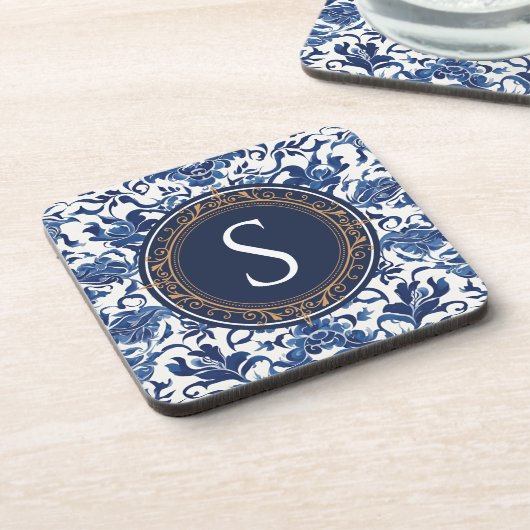 Blauw-witte Chinoiserie Bloemmonogram Bier Onderzetter (Linkerzijde)