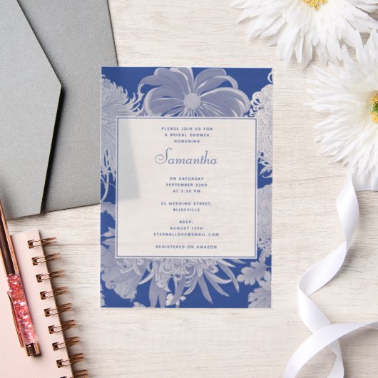 Blauw Witte Chinoiserie Bruidsfeest Vellum Uitnodigingen (Huwelijk)