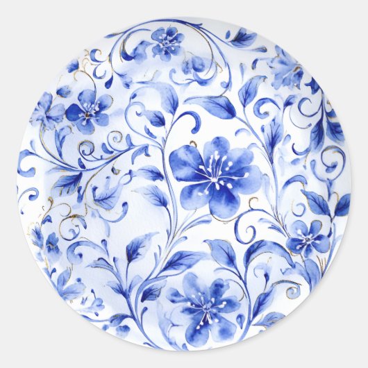 Blauw-witte Chinoiserie Floral Ronde Sticker (Voorkant)