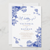 Blauw Witte Chinoiserie met Fotobloemen Bruiloft Kaart (Voorkant)