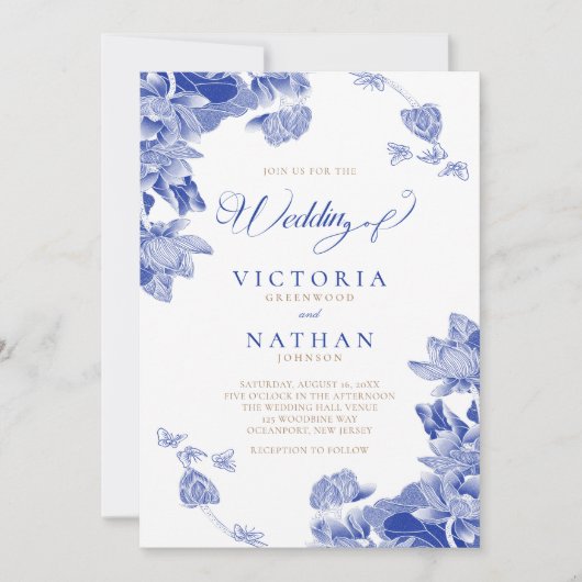 Blauw Witte Chinoiserie met Fotobloemen Bruiloft Kaart (Voorkant)