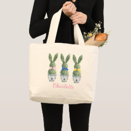 Blauw-witte Chinoiserie Met Konijn Topiary Grote Tote Bag