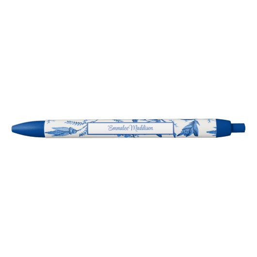 Blauw-witte Chinoiserie Monogram Bloemenwijnstok Blauwe Inkt Pen (Voorkant)