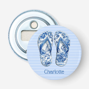 Blauw-witte Chinoiserie teenslippers op strepen Button Flesopener