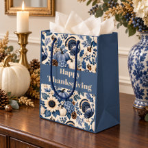 Blauw Witte Chinoiserie Thanksgiving Kalkoen Bloem