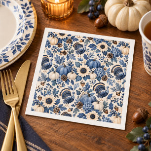 Blauw Witte Chinoiserie Thanksgiving Kalkoen Bloem Servet