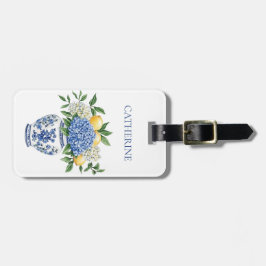 Blauw-witte Chinoiserie vaas met hortensia's Bagagelabel