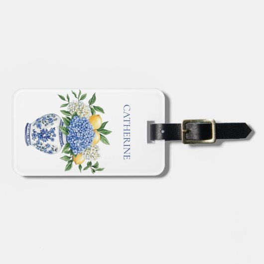 Blauw-witte Chinoiserie vaas met hortensia's Bagagelabel (Voorkant horizontaal)
