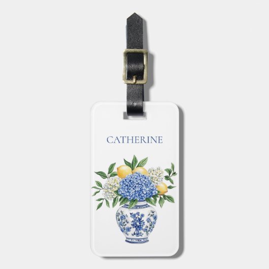 Blauw-witte Chinoiserie vaas met hortensia's Bagagelabel (Voorkant verticaal)