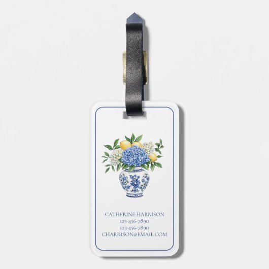 Blauw-witte Chinoiserie vaas met hortensia's Bagagelabel (Achterkant verticaal)