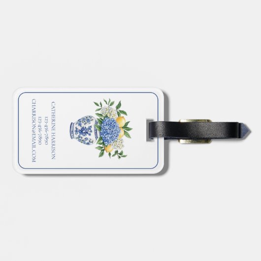 Blauw-witte Chinoiserie vaas met hortensia's Bagagelabel (Achterkant horizontaal)