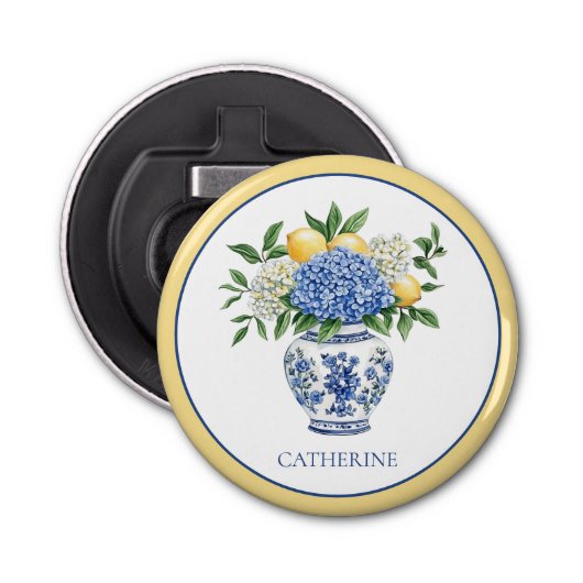 Blauw-witte Chinoiserie vaas met hortensia's Button Flesopener (Voorkant)