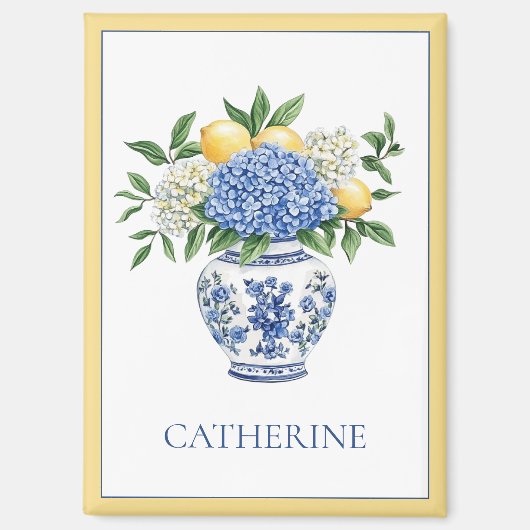 Blauw-witte Chinoiserie vaas met hortensia's Magneet (Voorkant)