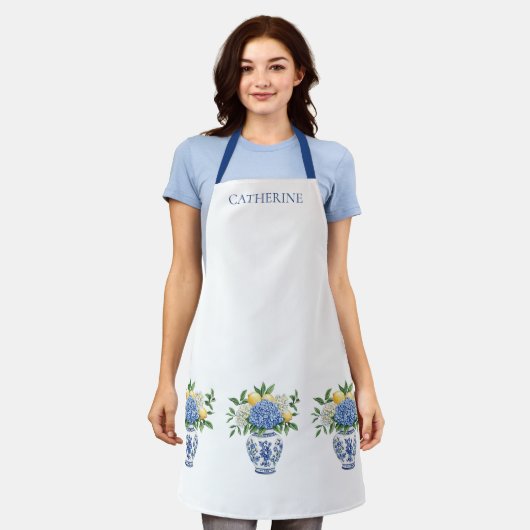 Blauw-witte Chinoiserie vaas met hortensia's Schort (Gedragen)