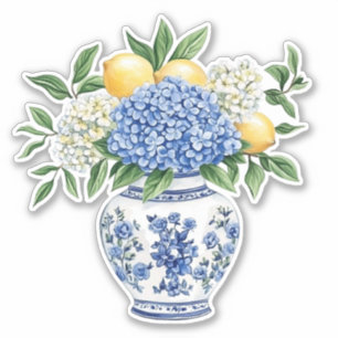 Blauw-witte chinoiserie vaas met hortensia's sticker