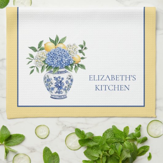 Blauw-witte Chinoiserie vaas met hortensia's Theedoek (Gevouwen)