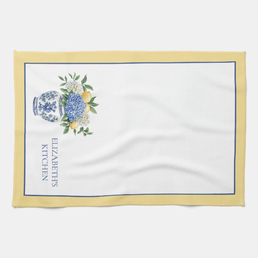 Blauw-witte Chinoiserie vaas met hortensia's Theedoek (Horizontaal)