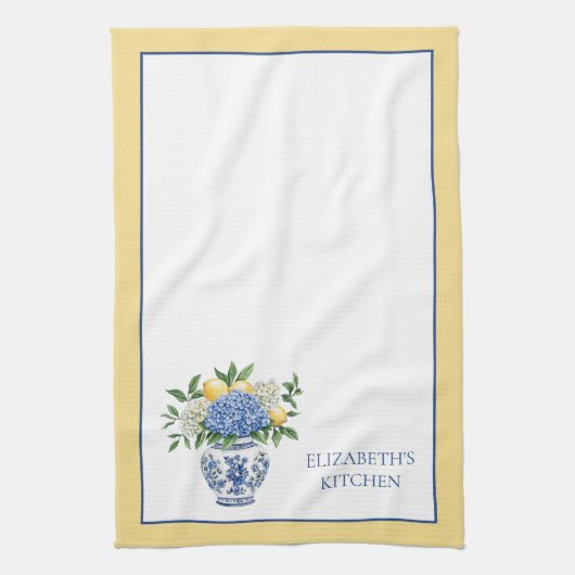 Blauw-witte Chinoiserie vaas met hortensia's Theedoek (Verticaal)