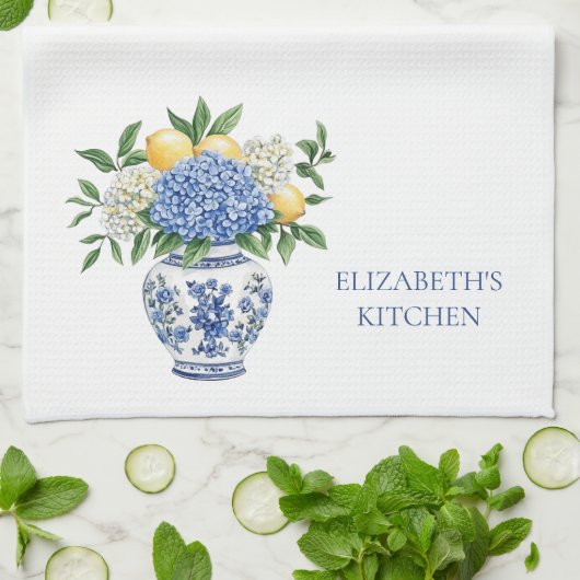 Blauw-witte Chinoiserie vaas met hortensia's Theedoek (Gevouwen)