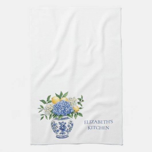 Blauw-witte Chinoiserie vaas met hortensia's Theedoek (Verticaal)