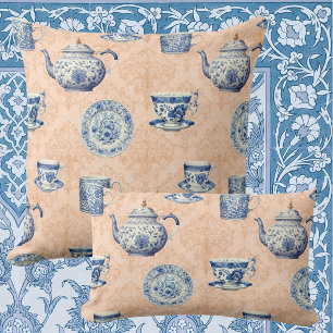 Blauw-witte chinoiserie verouderde perzik damast V Kussen