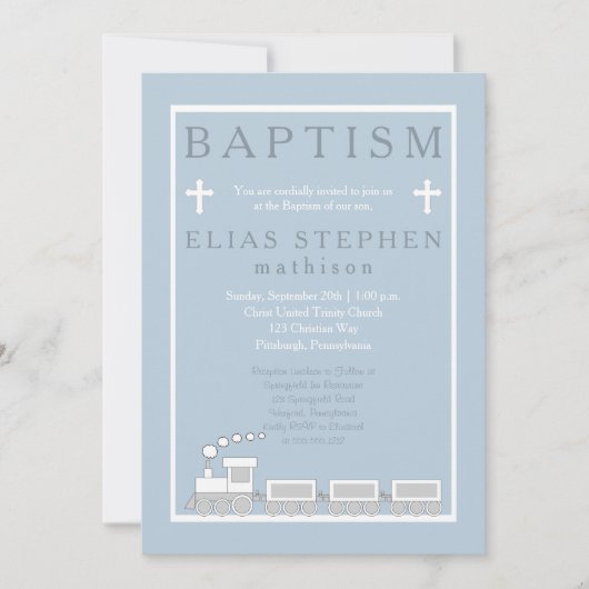 Blauw | Witte Choo Train Boy Baptisme Kaart (Voorkant)
