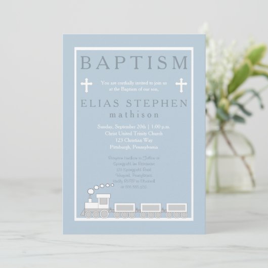 Blauw | Witte Choo Train Boy Baptisme Kaart (Staand voorkant)