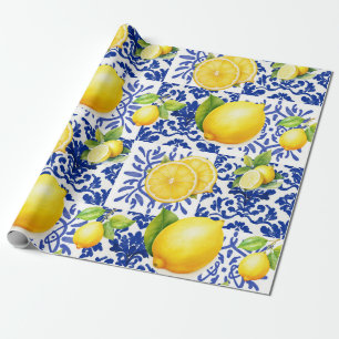 Blauw Witte Citroen Tegelpatroon Mediterraan Citru Cadeaupapier