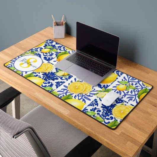 Blauw Witte Citroen Tegelpatroon Monogram Naam Cit Bureaumat (Kantoor 2)
