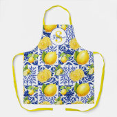 Blauw Witte Citroen Tegelpatroon Monogram Naam Cit Schort (Voorkant)