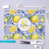 Blauw Witte Citroen Tegelpatroon Monogram Naam Cit Tissuepapier (Craft)