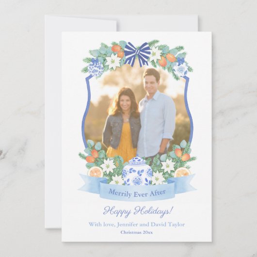 Blauw-witte citrus ons eerste kerst Afbeelding Feestdagenkaart (Voorkant)