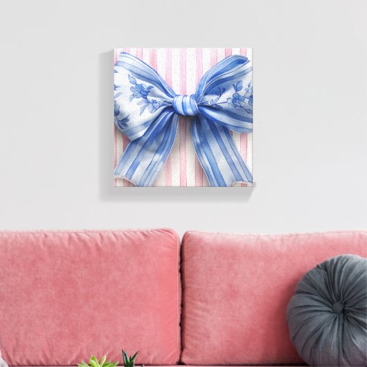 Blauw & Witte Coquette Strik op Roze Strepen Canvas Afdruk (Insitu (Woonkamer))