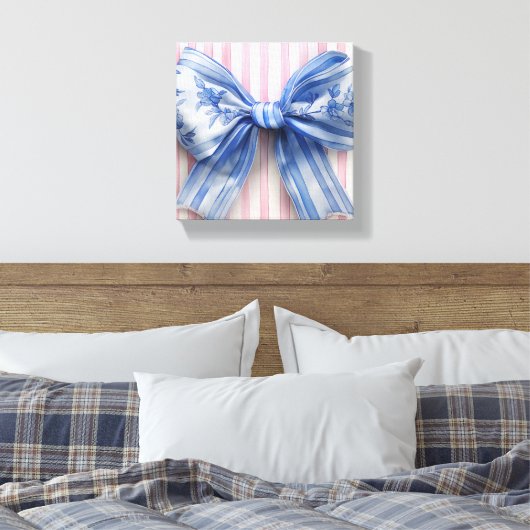 Blauw & Witte Coquette Strik op Roze Strepen Canvas Afdruk (Insitu (Slaapkamer))
