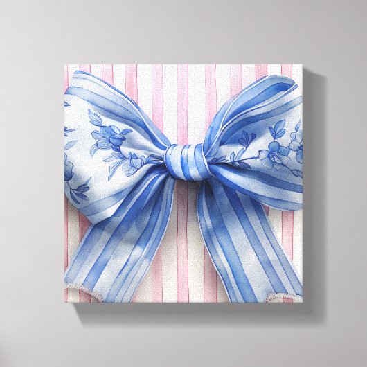 Blauw & Witte Coquette Strik op Roze Strepen Canvas Afdruk (Voorkant)