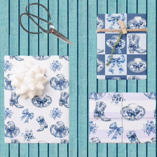 Blauw Witte Cowgirl Toile Chinoiserie Boerderijsti Inpakpapier Vel