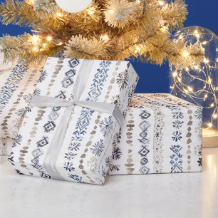 Blauw Witte Crème Strepen Kerst Cadeaupapier