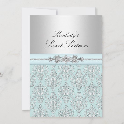 Blauw & Witte Damast Sweet 16 Aankondigingen (Voorkant)