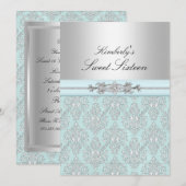 Blauw & Witte Damast Sweet 16 Aankondigingen (Voorkant / Achterkant)